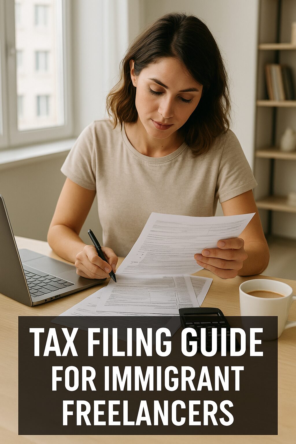 A digital freelancer at a desk reviewing tax documents with a laptop, calculator, and coffee cup in a bright workspace