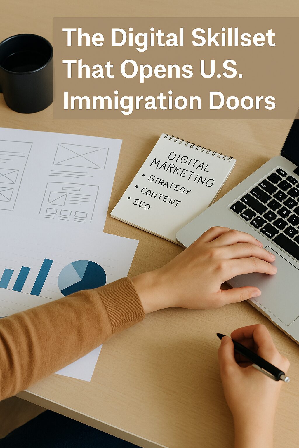 A digital worker typing on a laptop with design sketches, data charts, and marketing notes on the table