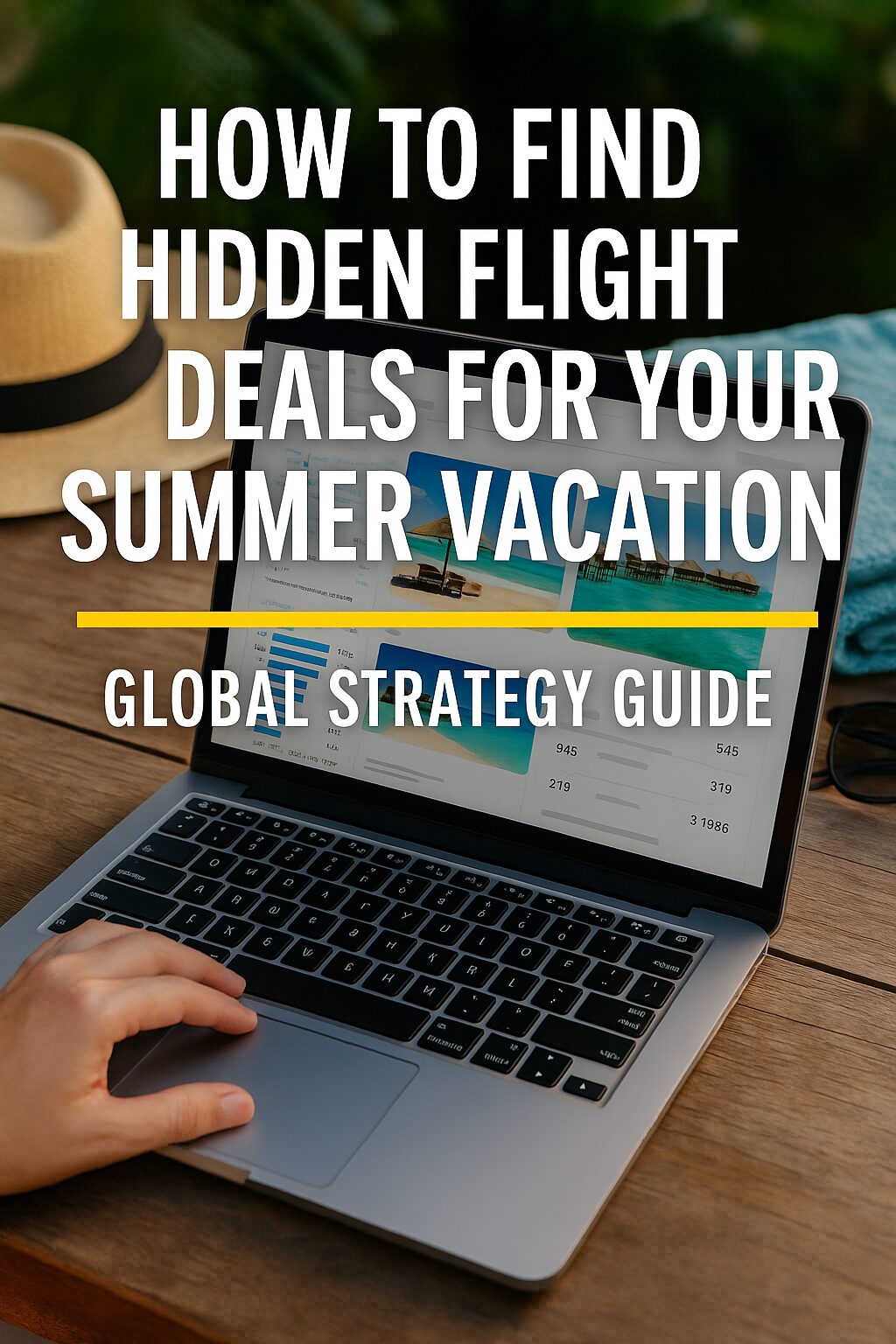 A traveler comparing flight prices on a laptop while planning a tropical vacation