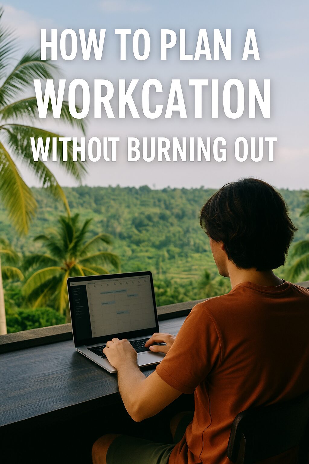 A remote worker planning their day at a laptop with a tropical view in the background
