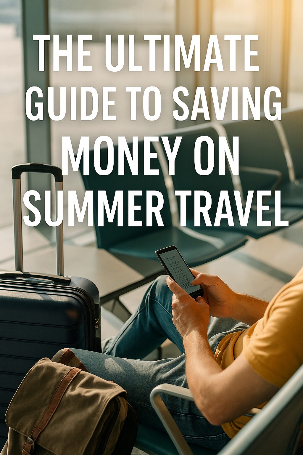 A traveler reviewing budget tips on their phone at an airport, surrounded by luggage and sunlight