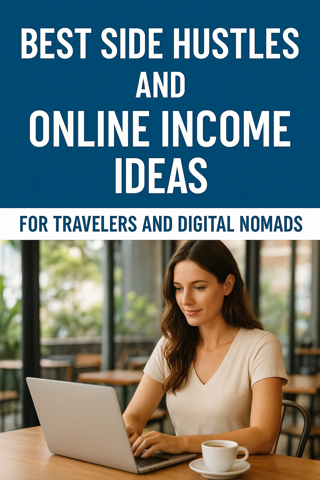 A digital nomad working on a laptop in a café with natural light, representing online work freedom