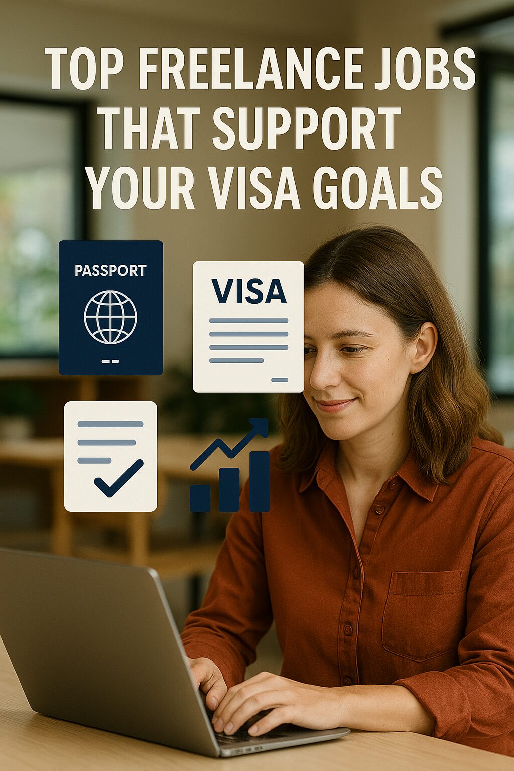 Illustration of a female freelancer with a laptop, surrounded by visa-related icons like passport, document, and chart, highlighting freelance careers that support income and immigration