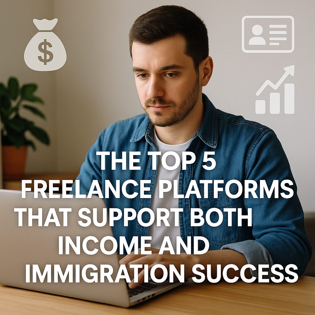 A young man working on a laptop surrounded by icons representing freelance work, income, and immigration documents, with bold text about top freelance platforms