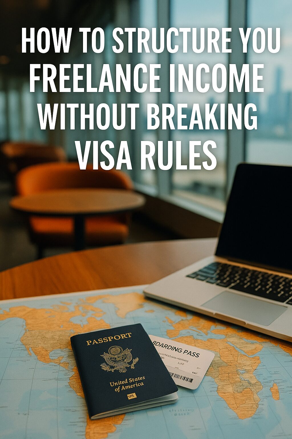 A focused man working on a laptop in a quiet space near a window, with bold text displaying the blog post title about legally structuring freelance income for visa safety