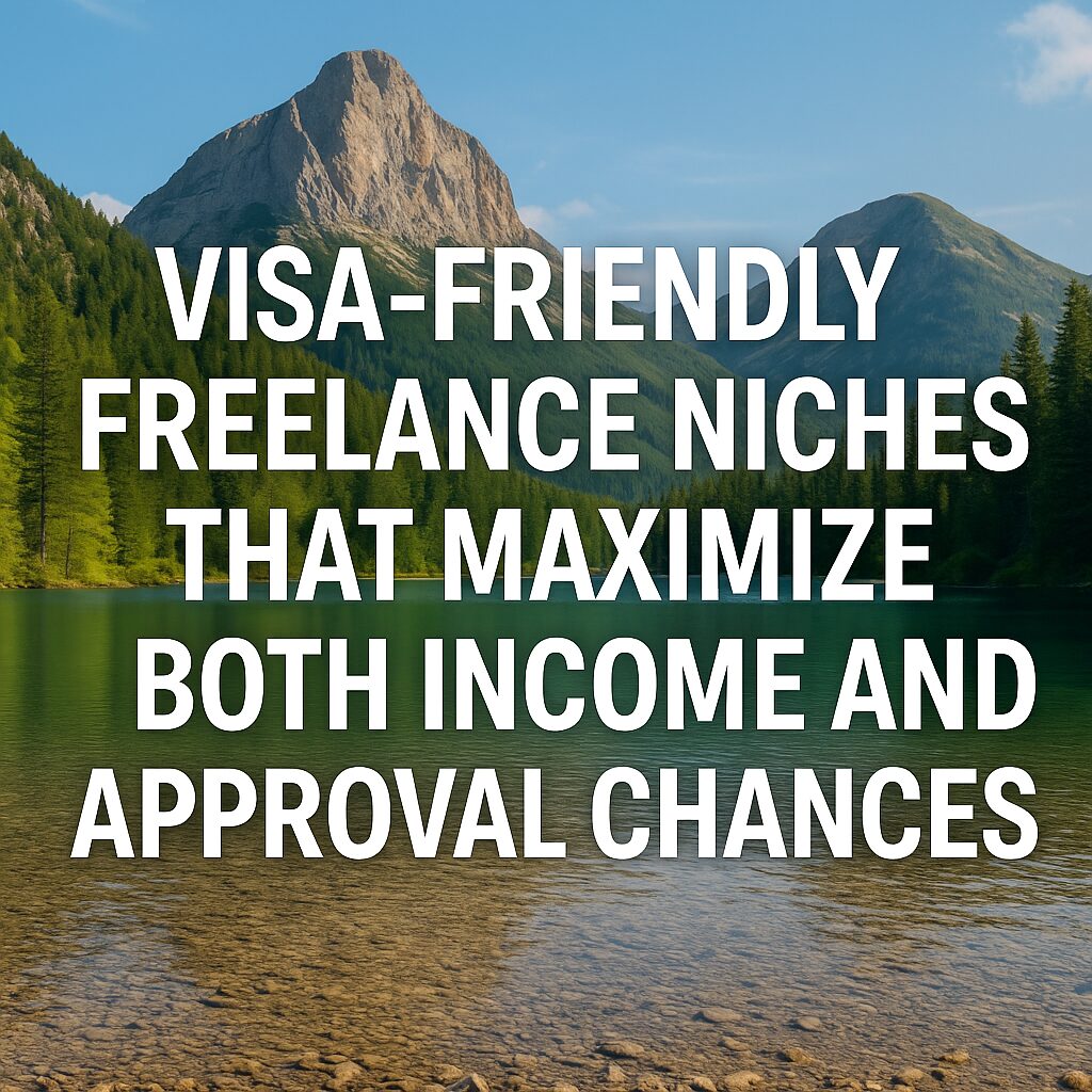 A wide-angle photograph of a coastal digital nomad town with overlay text promoting visa-friendly freelance niches for income and immigration success.