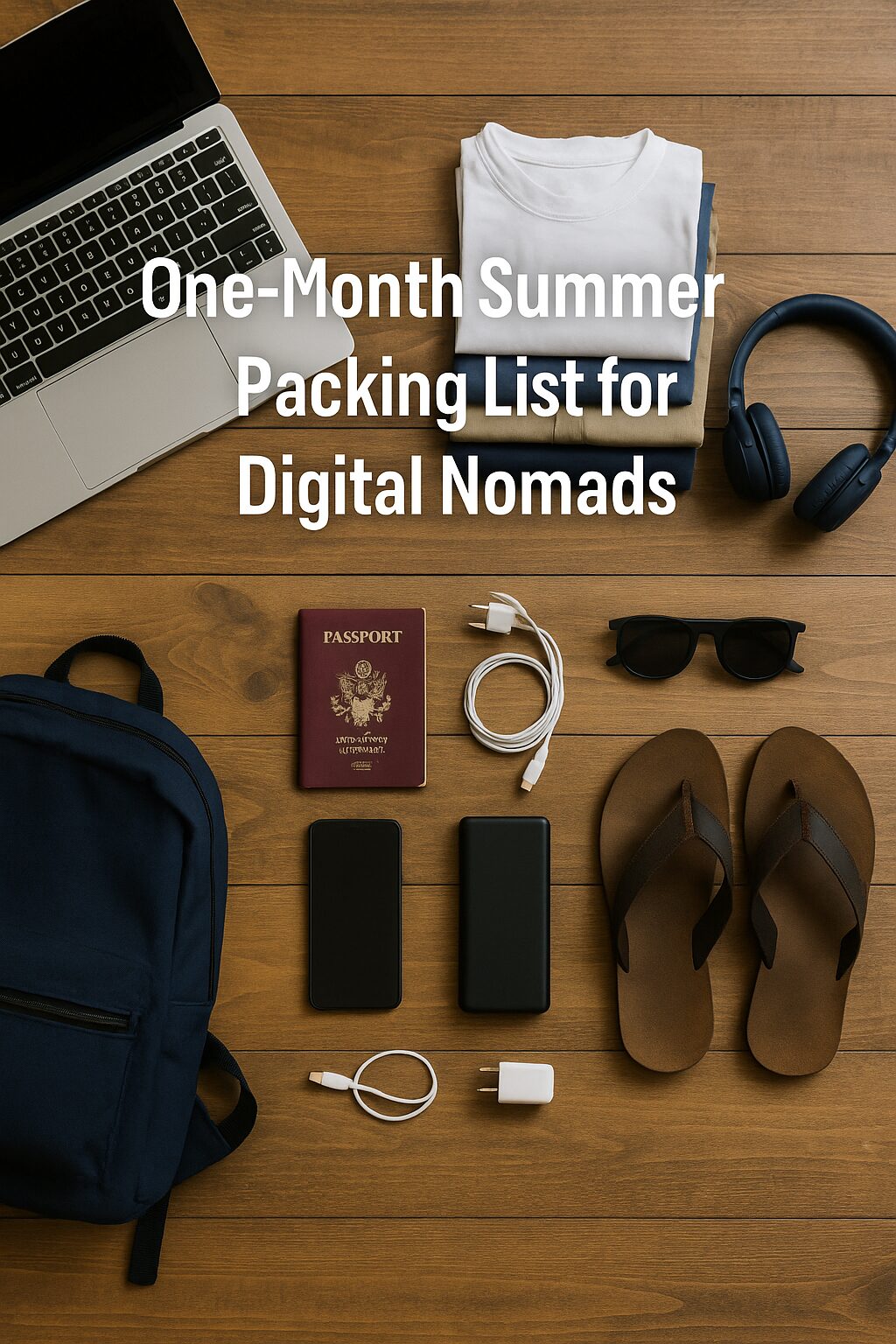 A neatly packed backpack with a laptop, summer clothes, and travel gear lying beside a tropical beach background — representing essential items for a one-month summer trip as a digital nomad.