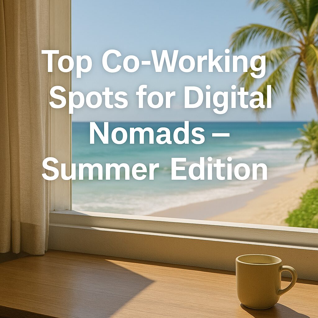 A peaceful wooden table beside a large window overlooking a tropical beach, with sunlight pouring in and a ceramic coffee mug resting in the corner—capturing the perfect summer remote work vibe with no visible laptop or people.