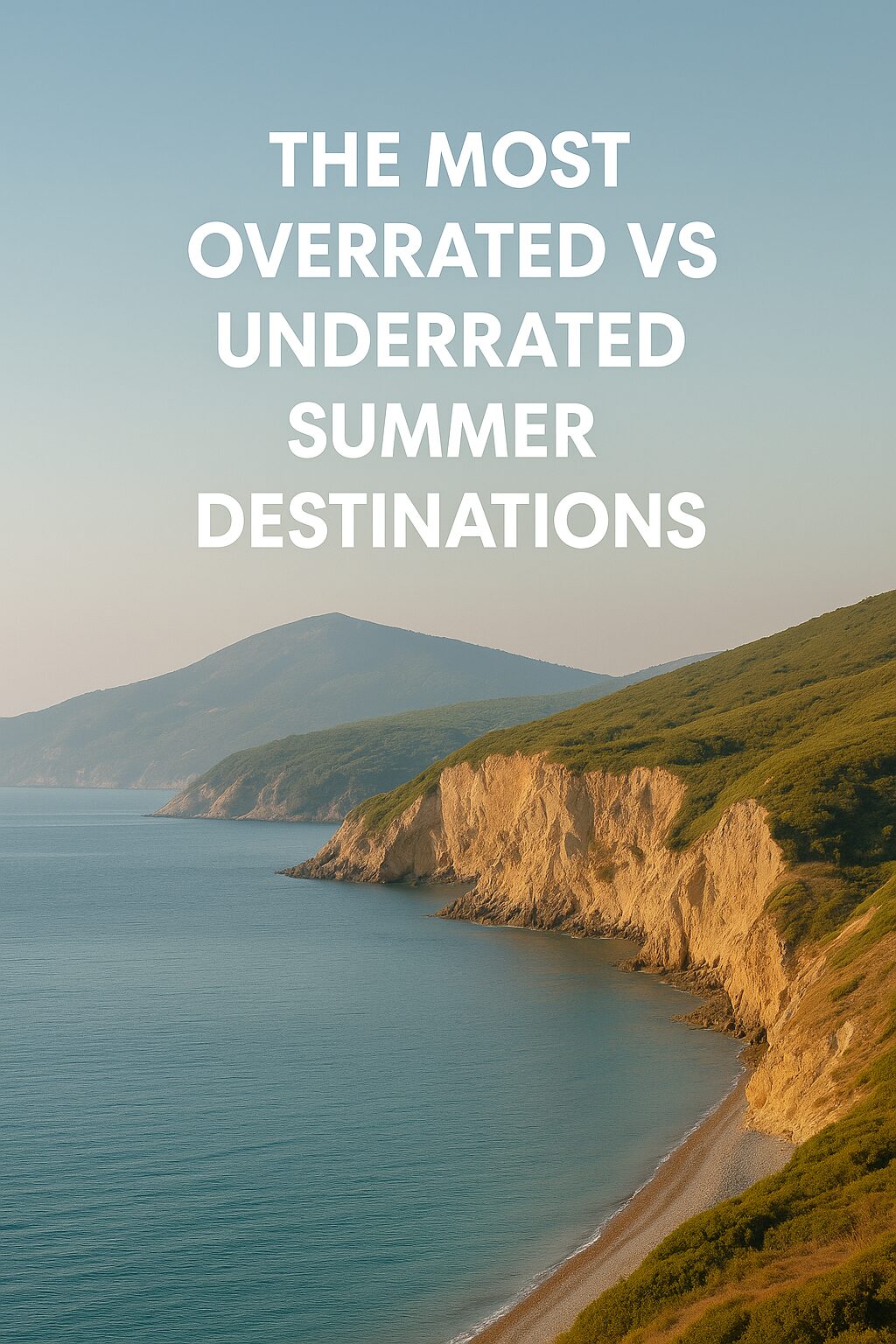 A minimalist travel scene showing a coastal mountain landscape with no people or buildings—just pure nature, soft blue water, and sunlit cliffs, evoking the contrast between overhyped and hidden travel gems.