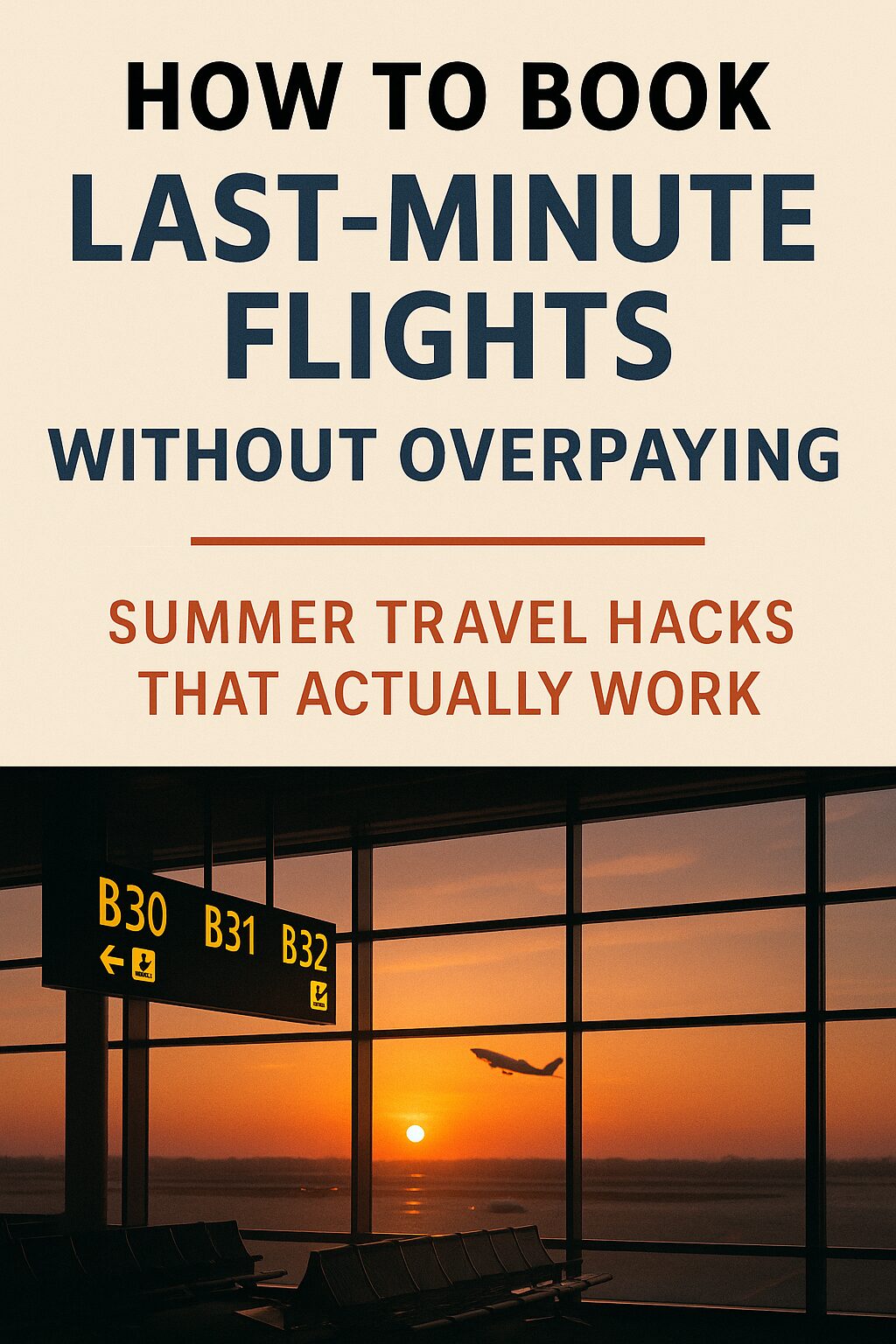 A digital photograph of a quiet airport terminal at sunset, showing multiple gate signs and a distant airplane, used to illustrate strategies for booking last-minute flights affordably.