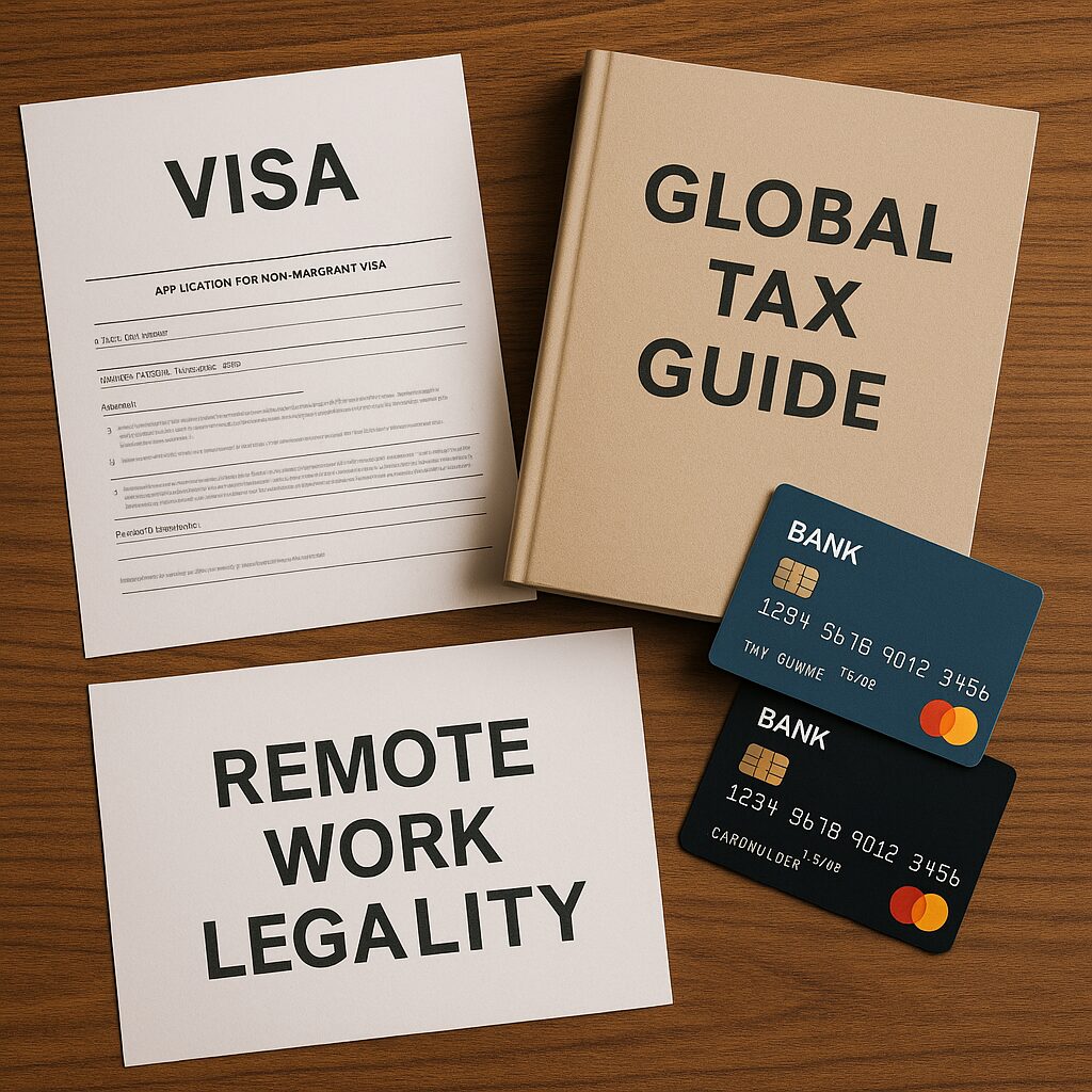 A flat lay photo of visa documents, a global tax guidebook, and international bank cards on a wooden desk, symbolizing remote work legality while traveling.