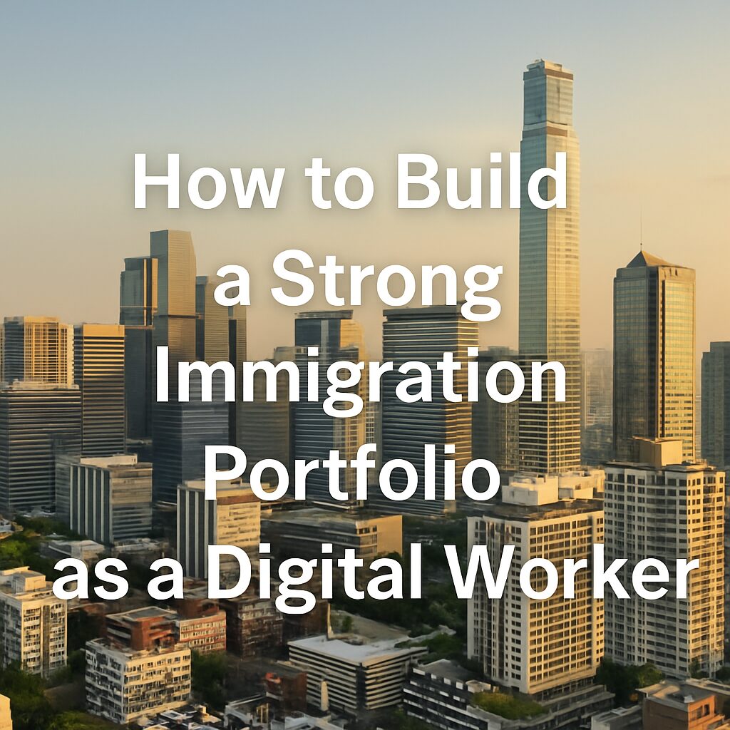 A photograph of an organized workspace with immigration documents, certificates, and a laptop, symbolizing a digital worker's professional portfolio