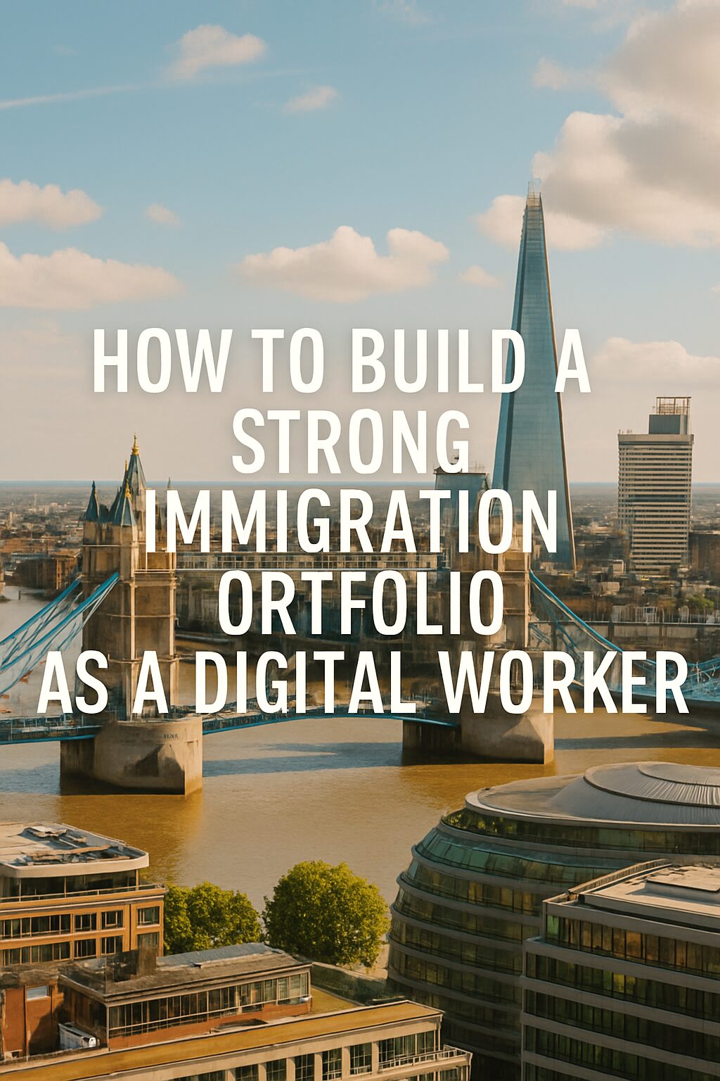 A modern cityscape with the title "How to Build a Strong Immigration Portfolio as a Digital Worker" overlaid in bold font.