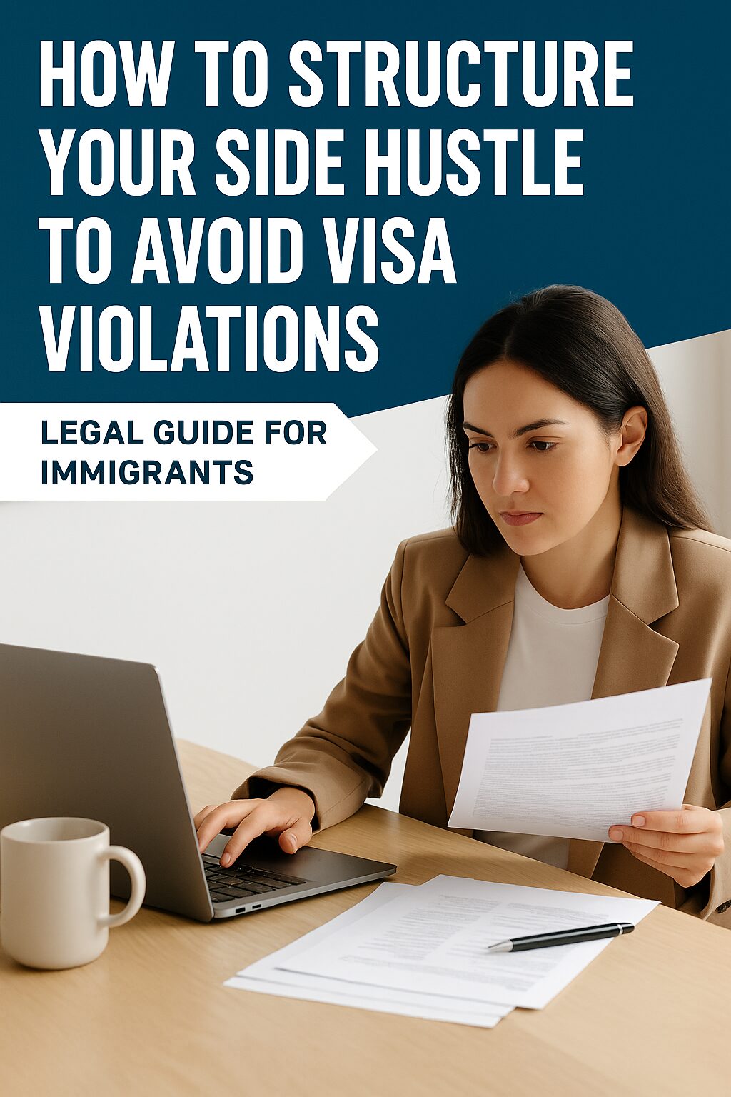 Freelancer working on a laptop with paperwork, representing legal and compliant side hustle income abroad.