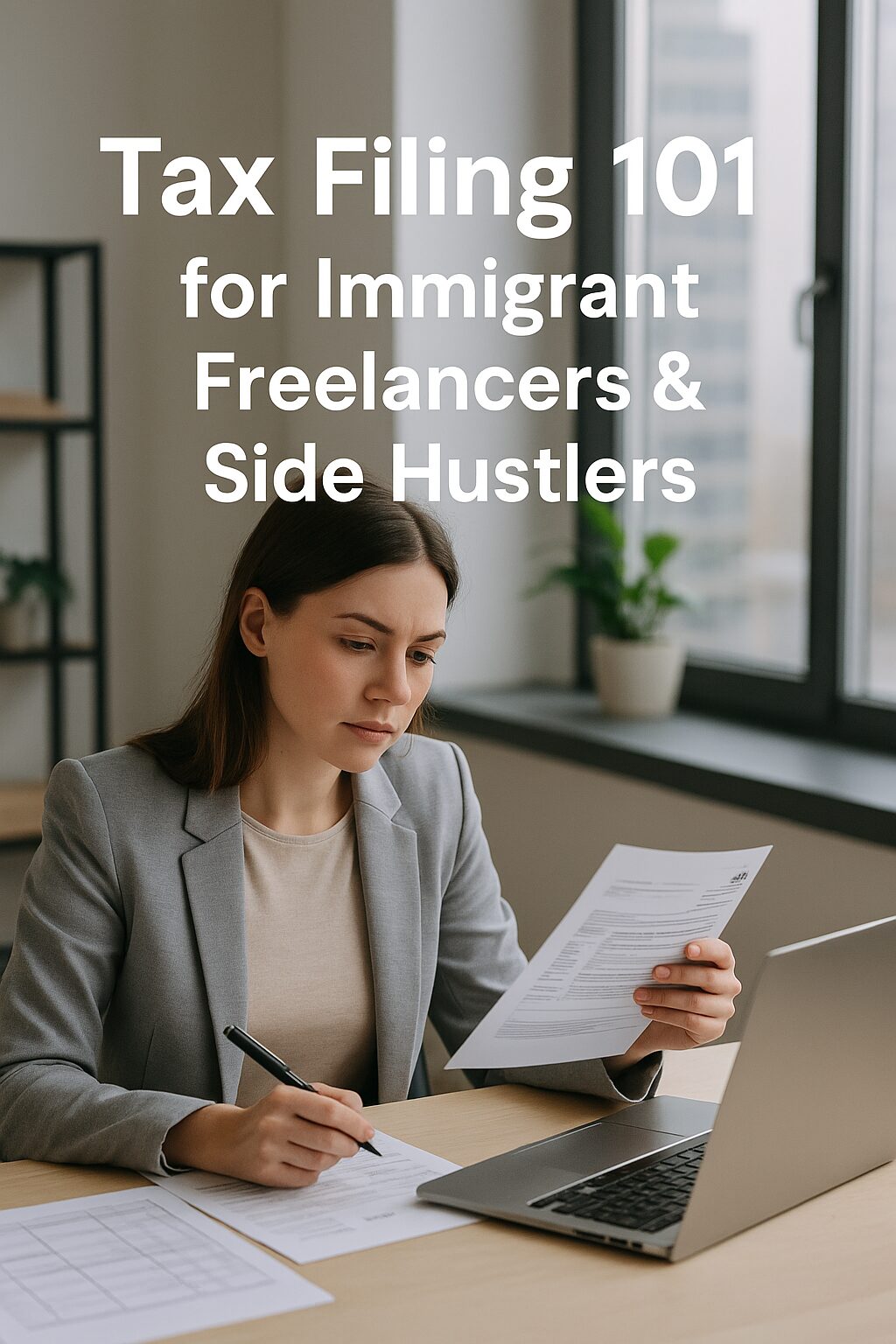 Freelancer reviewing financial documents and using a laptop, symbolizing tax filing and compliance for immigrant freelancers.