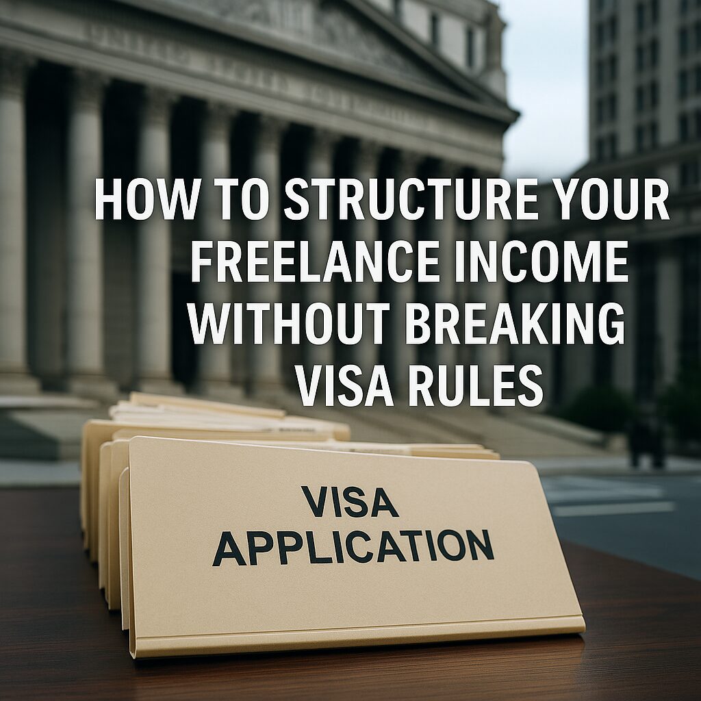 A legal document folder labeled "VISA APPLICATION" placed in front of a U.S. courthouse, symbolizing structured freelance income for visa holders.