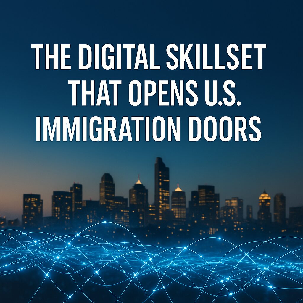 A symbolic image of immigration success showing an abstract digital city skyline connected by glowing data streams, representing high-value digital skillsets.