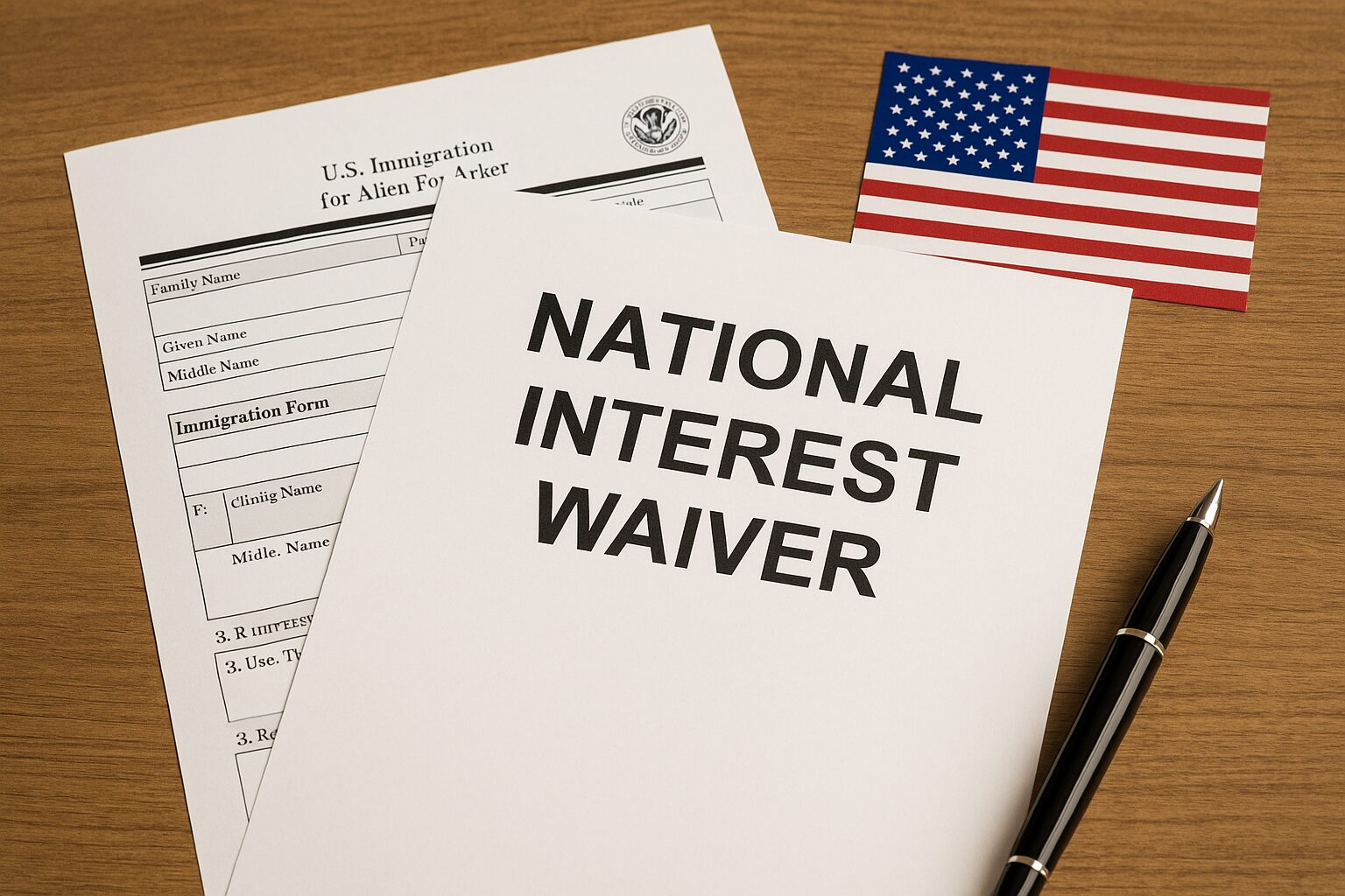 A formal letter labeled “National Interest Waiver” sits on a wooden desk, beside a U.S. immigration form, symbolizing a structured petition for EB-2 NIW approval.