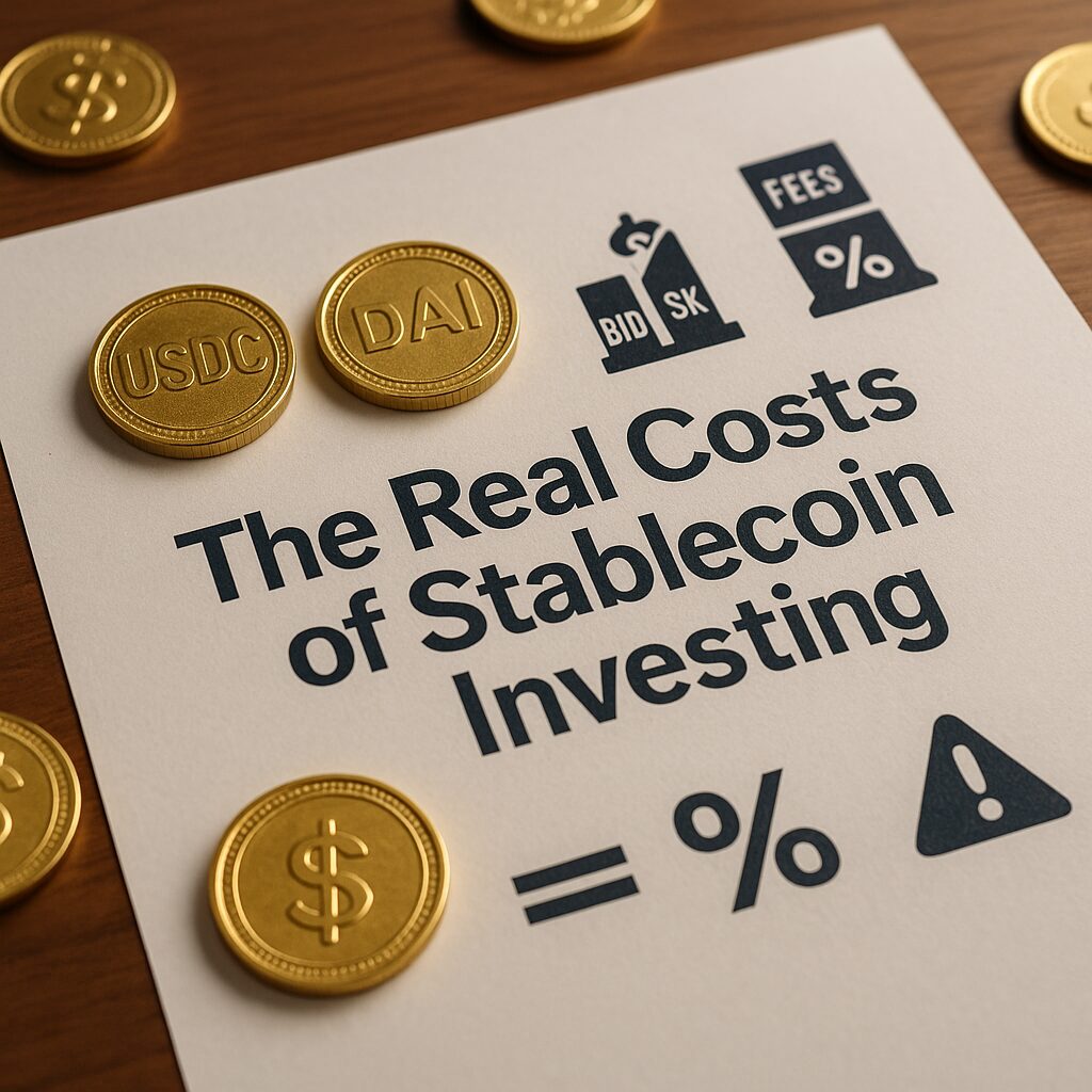 Real-world costs and hidden fees of stablecoin investing, illustrated with symbolic gold coins and financial icons.