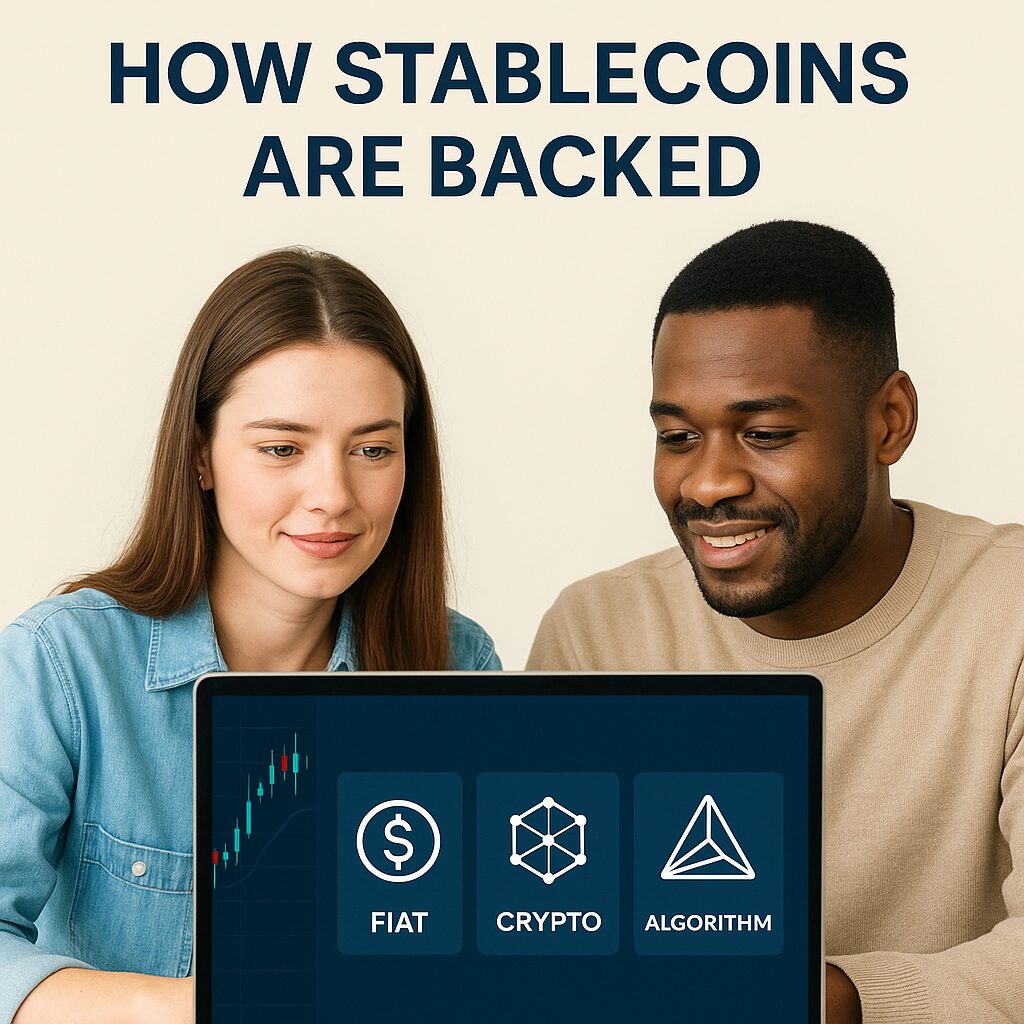 Digital comparison of fiat-backed, crypto-backed, and algorithmic stablecoins on a financial dashboard
