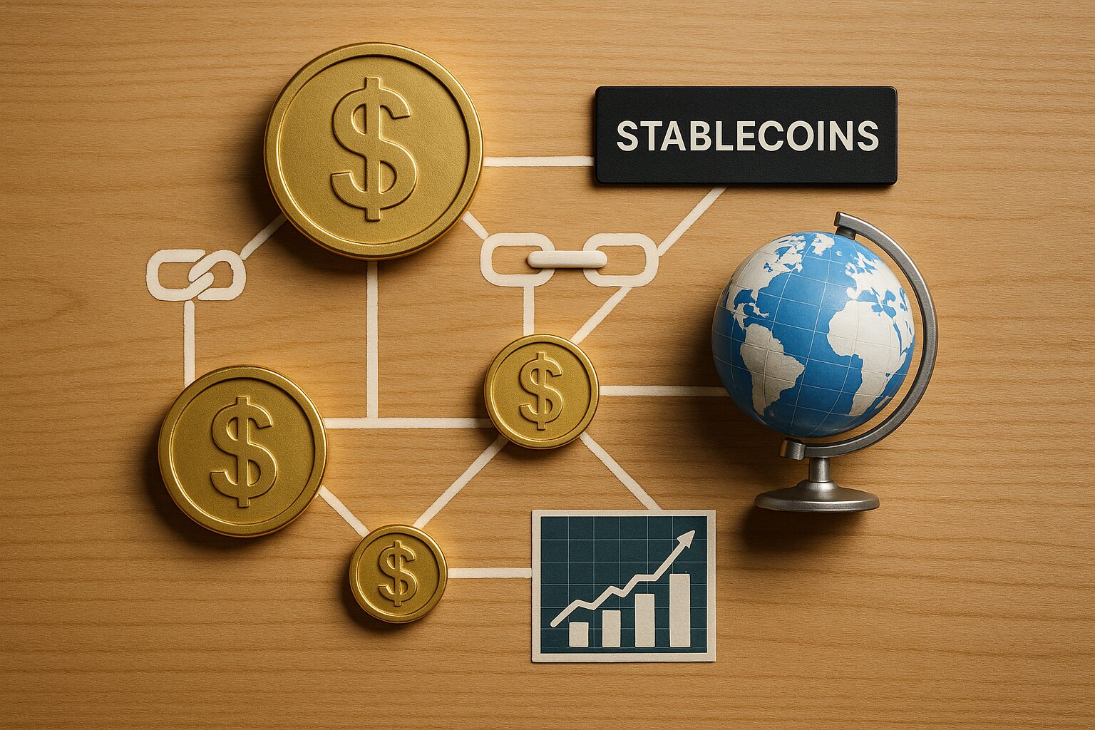 Visual representation of global financial connectivity powered by stablecoins, including dollar symbols, blockchain links, and globe icons