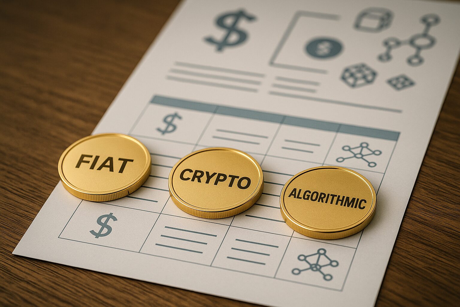 Realistic photo of gold coins labeled fiat, crypto, and algorithm on a table with comparison charts and digital network icons