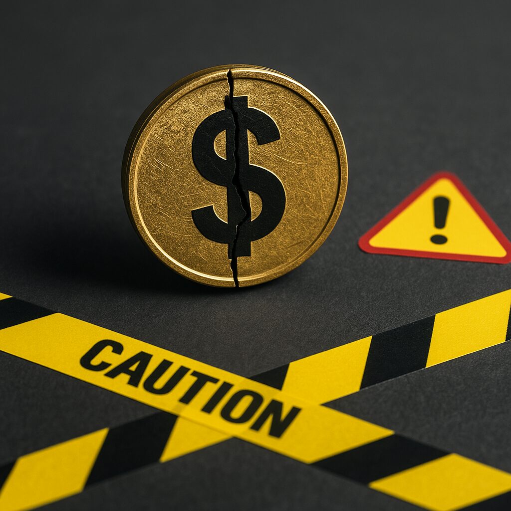 Realistic photo showing cracked dollar coin on a dark background with caution tape and warning triangle icons