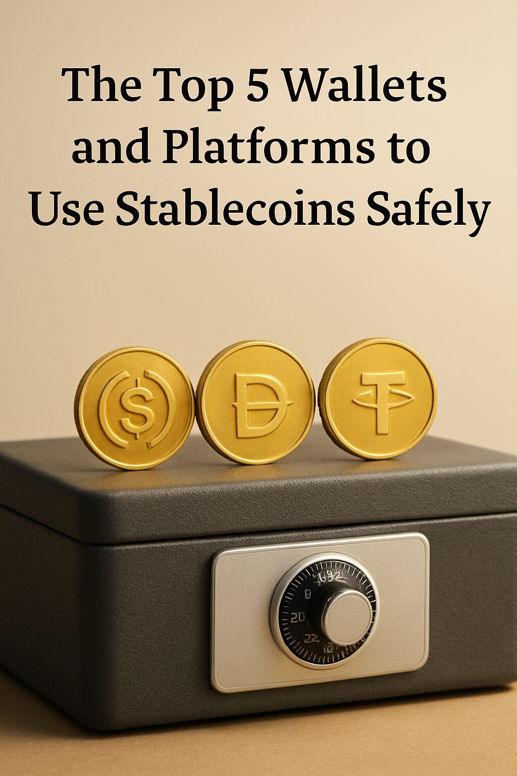 Realistic photo of multiple digital wallets and gold coins labeled with USDC, DAI, and USDT symbols placed on a secure lockbox with a soft light background