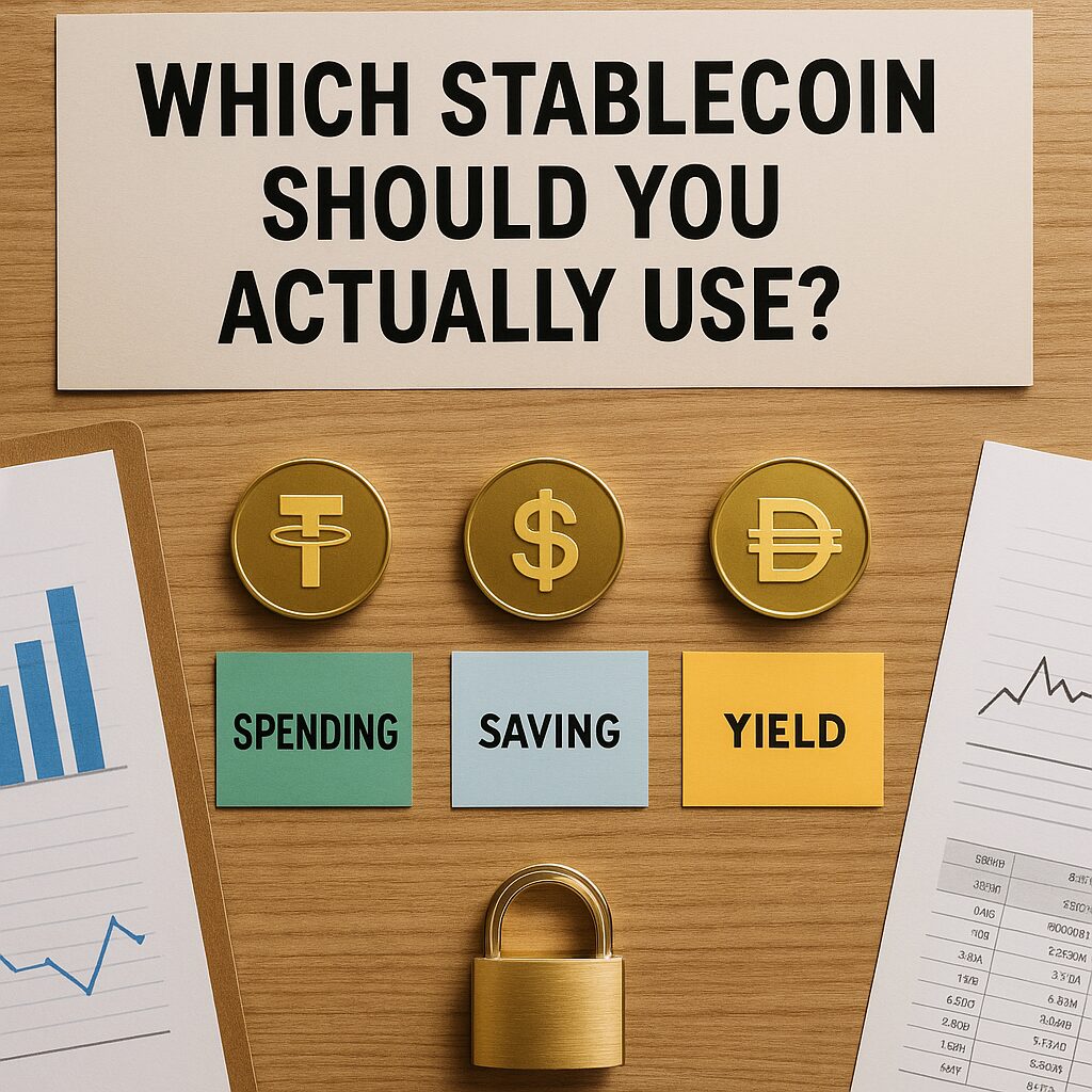 A realistic photo of various stablecoin symbols (USDT, USDC, DAI) placed on color-coded tags next to financial documents and charts on a wooden desk, no people or devices in view
