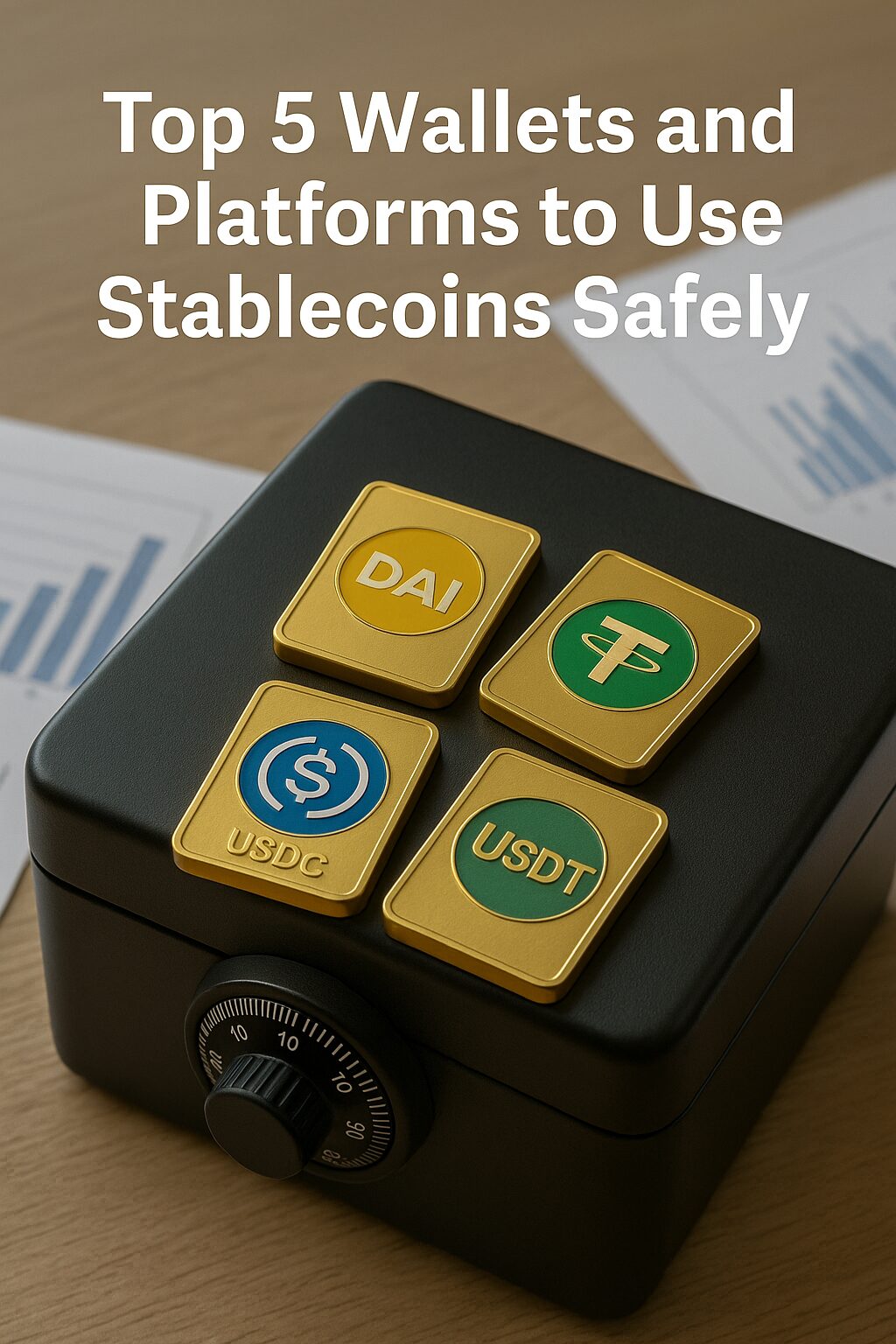 A realistic tabletop photo of gold stablecoin tokens (USDC, DAI, USDT) resting on a metal lockbox with secure combination dial, next to financial charts and neutral lighting