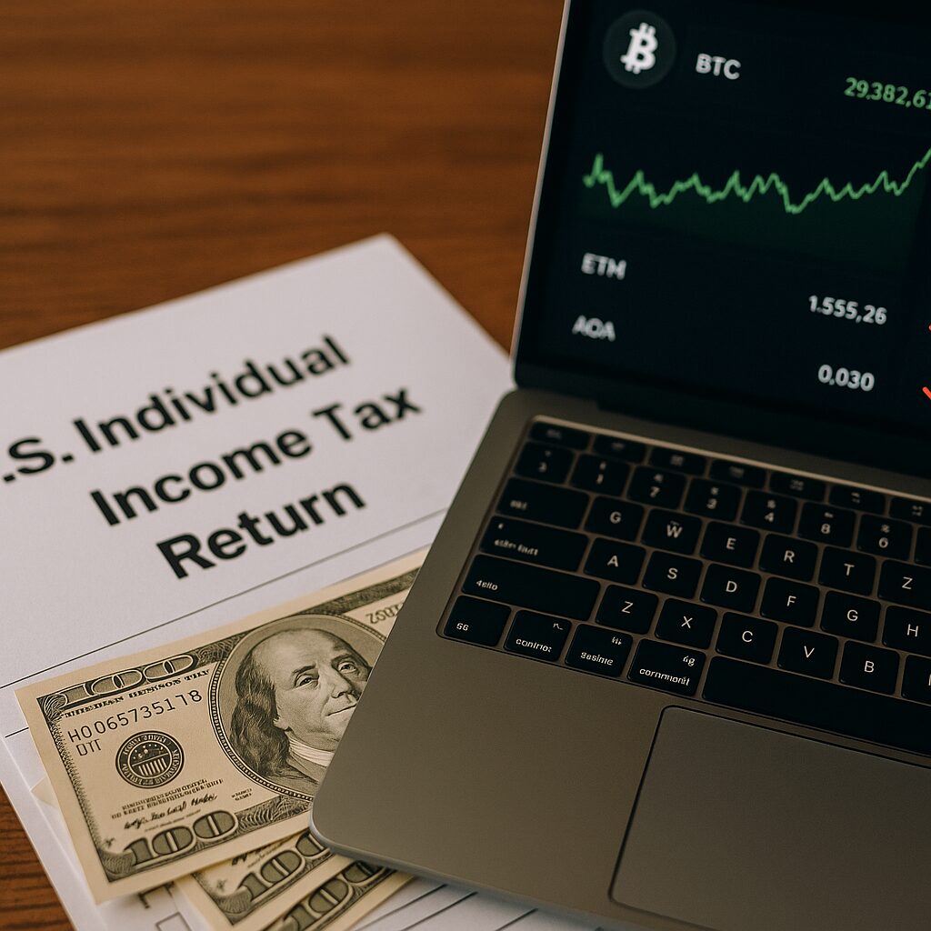 Tax documents, dollar bills, and a laptop showing crypto charts – legal stablecoin income planning