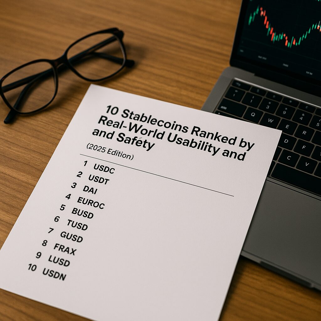 Printed ranking list of 10 stablecoins on a wooden desk next to a laptop showing crypto charts