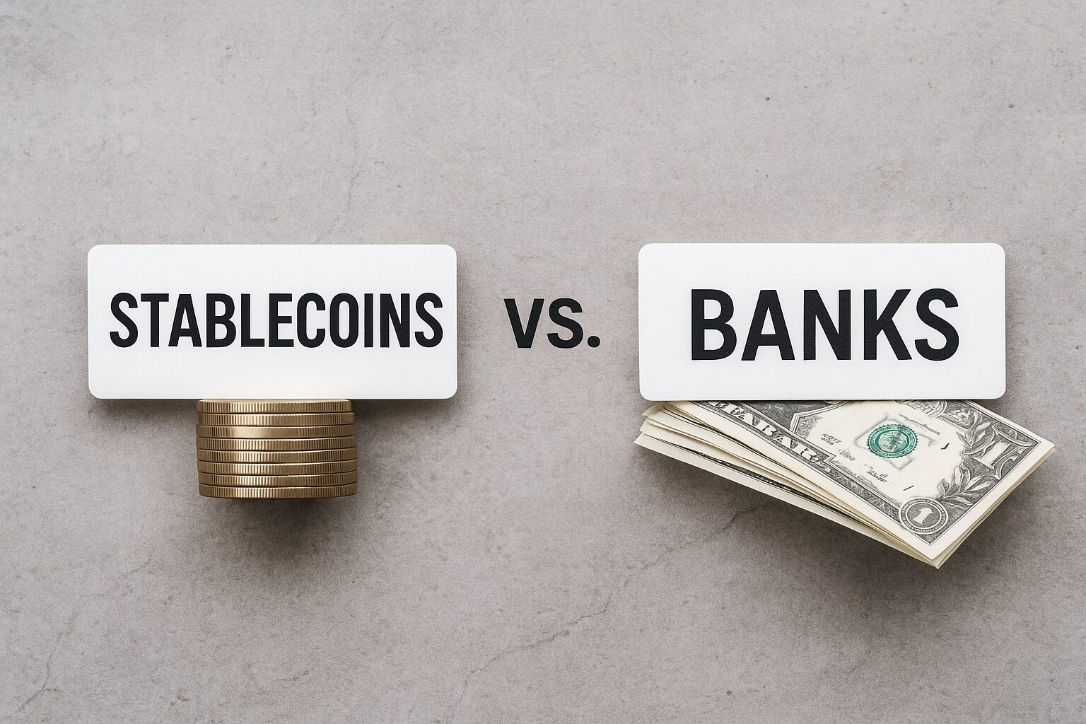 Side-by-side comparison of stablecoins and banks with coins on one side and cash on the other, showing financial contrast