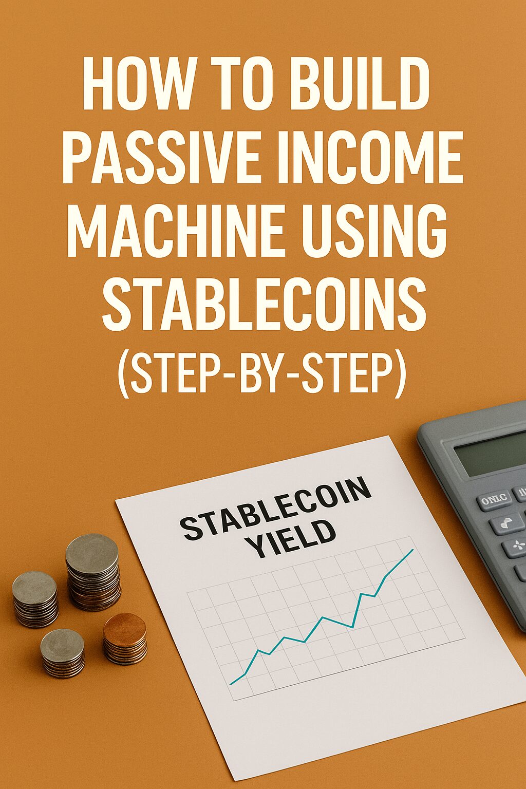 Stacks of coins, a stablecoin yield chart, and a calculator arranged on a warm orange background with a bold passive income headline