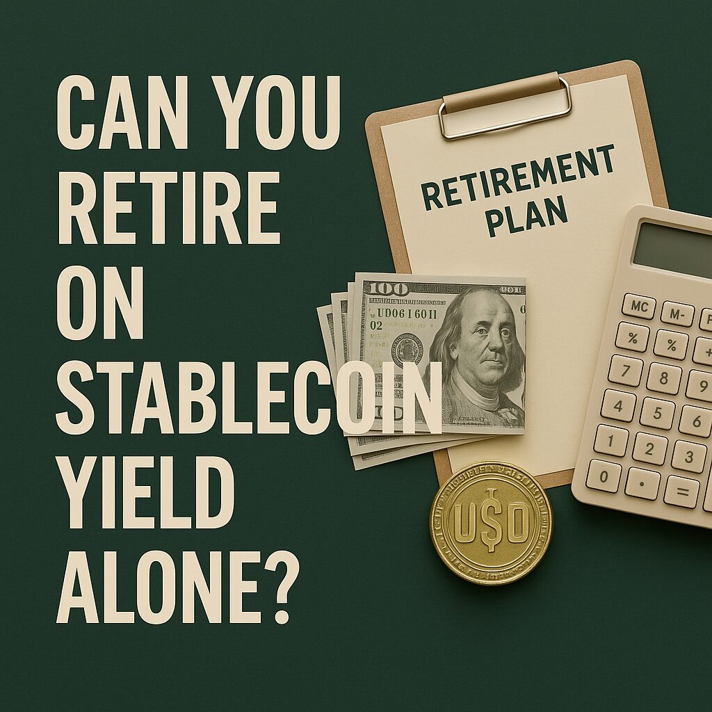 Retirement planning setup with stablecoin symbol, US dollar bills, calculator, and clipboard labeled “Retirement Plan”