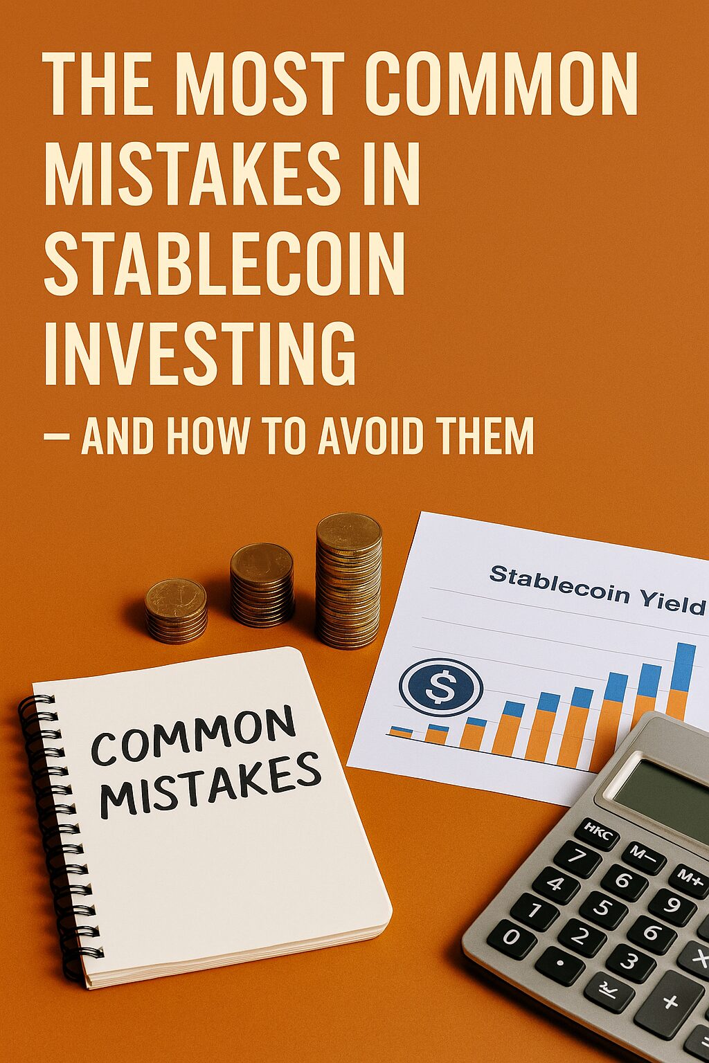 Notebook titled “Common Mistakes,” stablecoin yield chart, stacked coins, and a calculator arranged neatly on an orange background