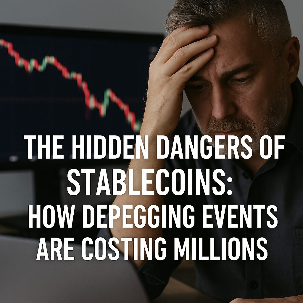 A digital image depicting the risks of stablecoins and investor panic during depegging events