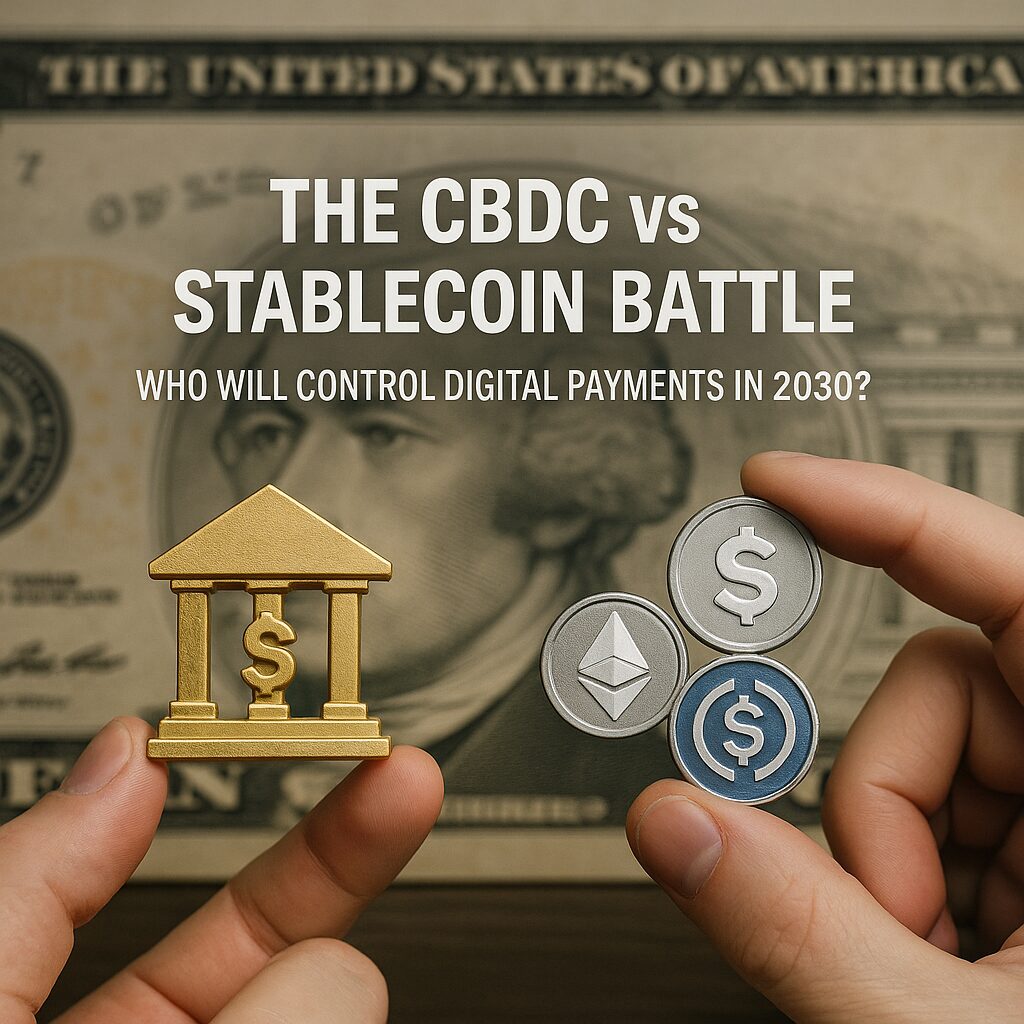 A digital battlefield concept featuring central bank icons and stablecoin symbols competing for control