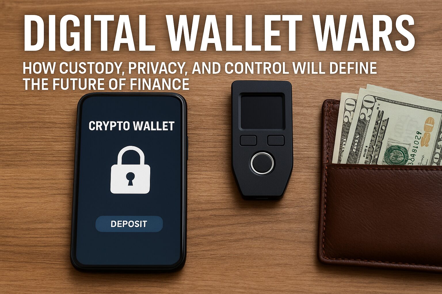 A close-up image of a wooden table with a digital wallet interface displayed on a smartphone, symbolizing privacy and control in modern finance.