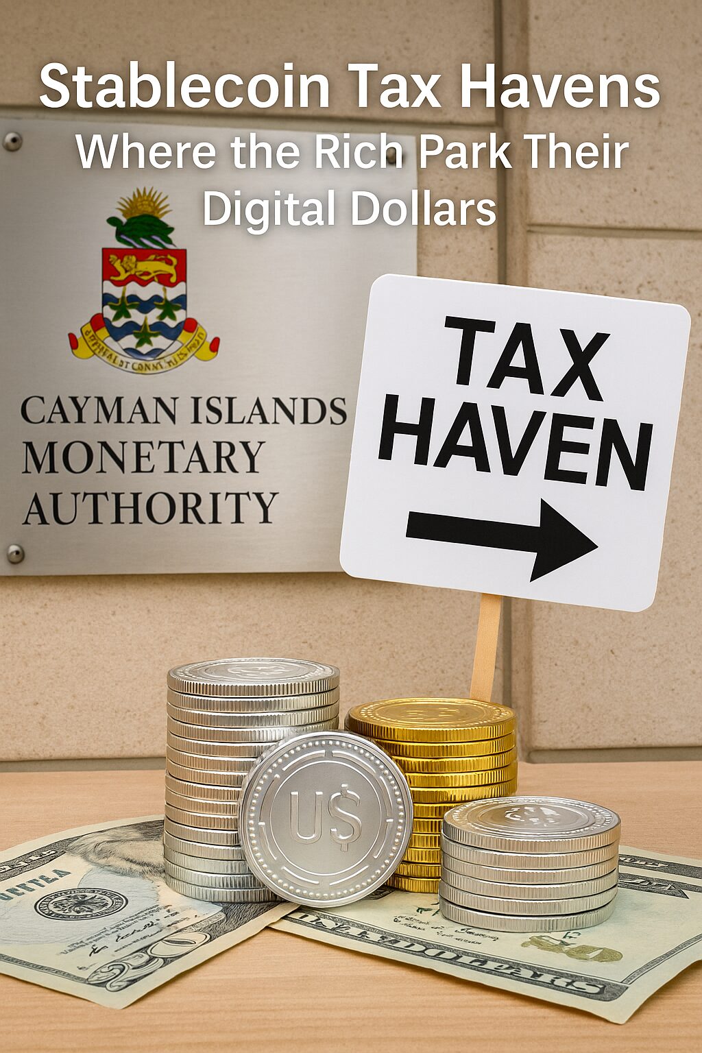 A photograph featuring a financial document and a digital wallet, symbolizing stablecoin tax strategies in global havens.