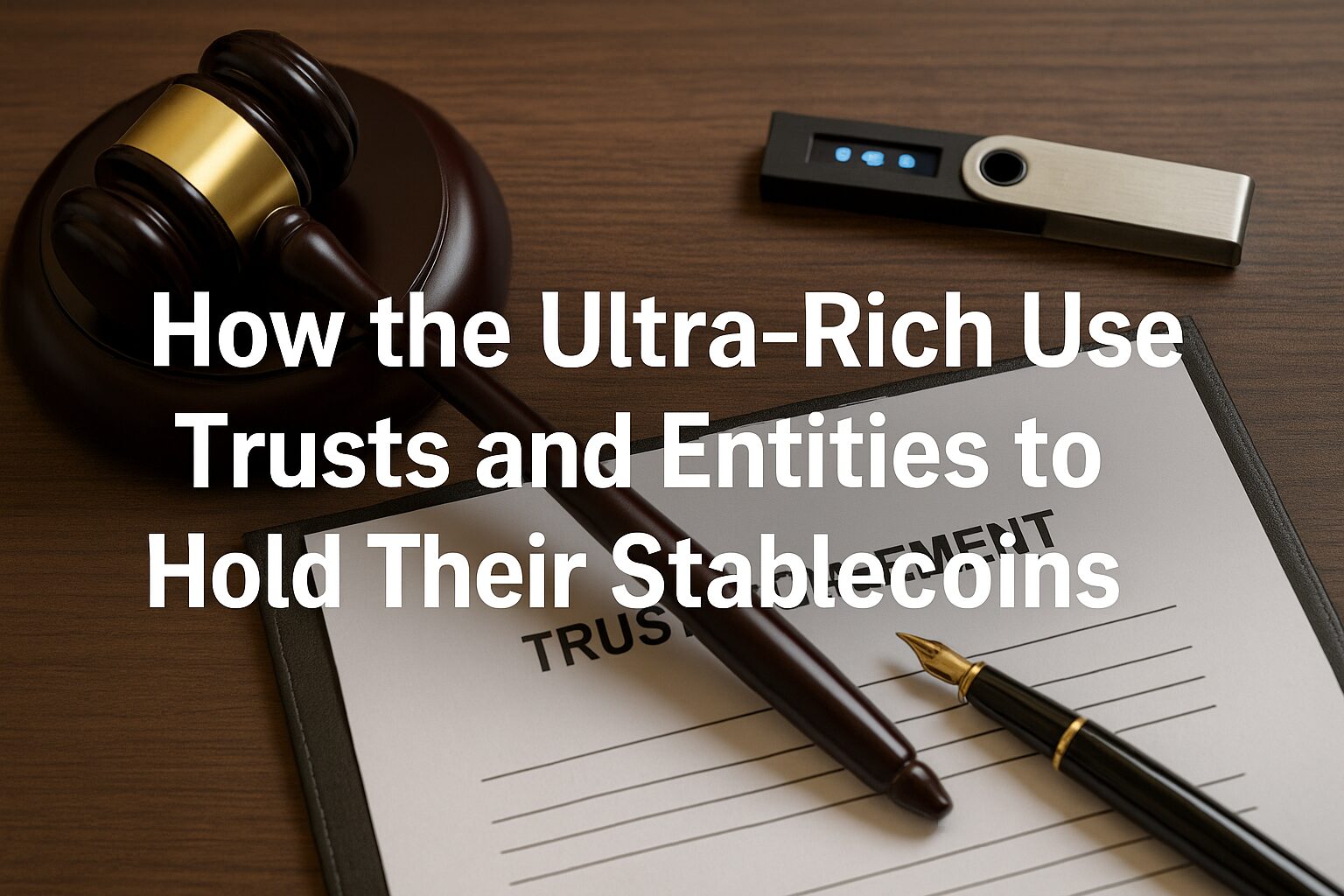 A digital photograph with overlaid text showing legal documents and digital wallets, representing how wealthy investors structure their stablecoin holdings.
