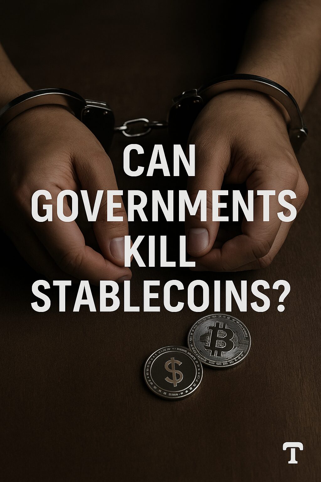 A digital photograph showing hands in handcuffs next to dollar-pegged crypto coins, symbolizing government regulation of stablecoins