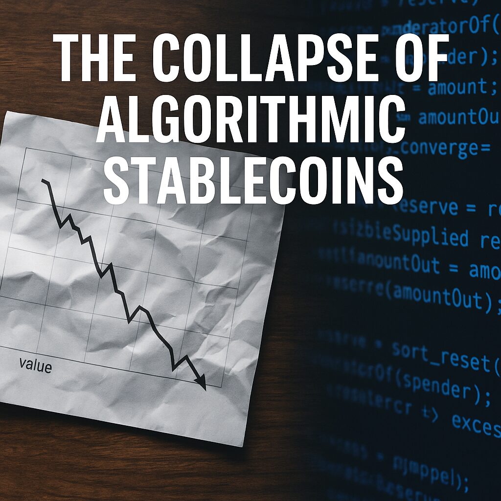 A crumpled stablecoin chart next to code snippets, symbolizing the collapse of algorithmic finance