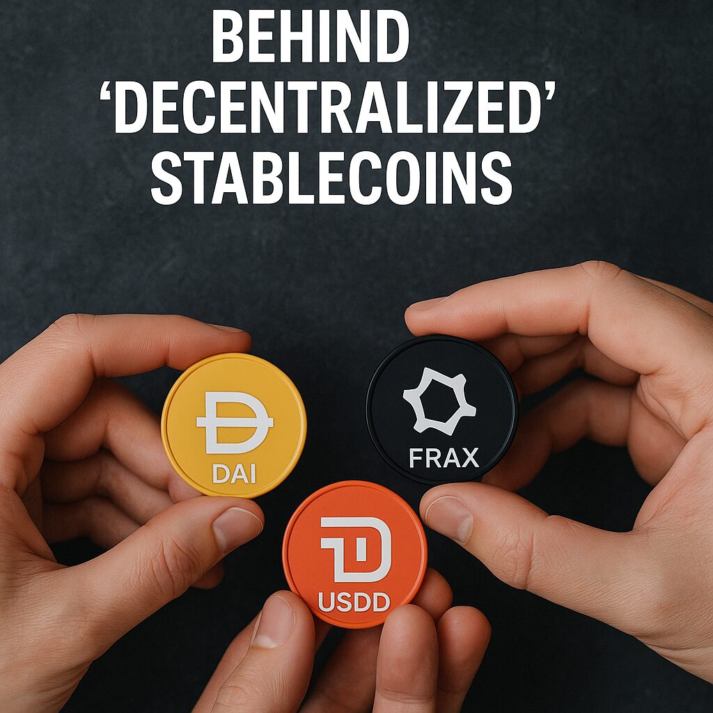 An overhead shot of hands holding digital tokens labeled DAI, FRAX, and USDD