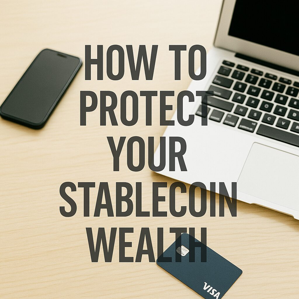 A bright financial workspace image with the overlaid title “How to Protect Your Stablecoin Wealth” in bold white font.
