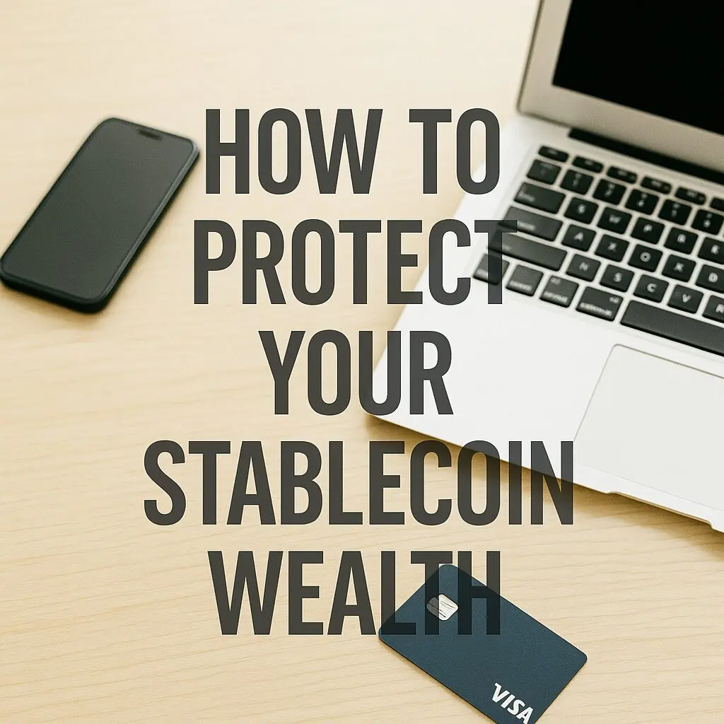 A bright financial workspace image with the overlaid title “How to Protect Your Stablecoin Wealth” in bold white font.