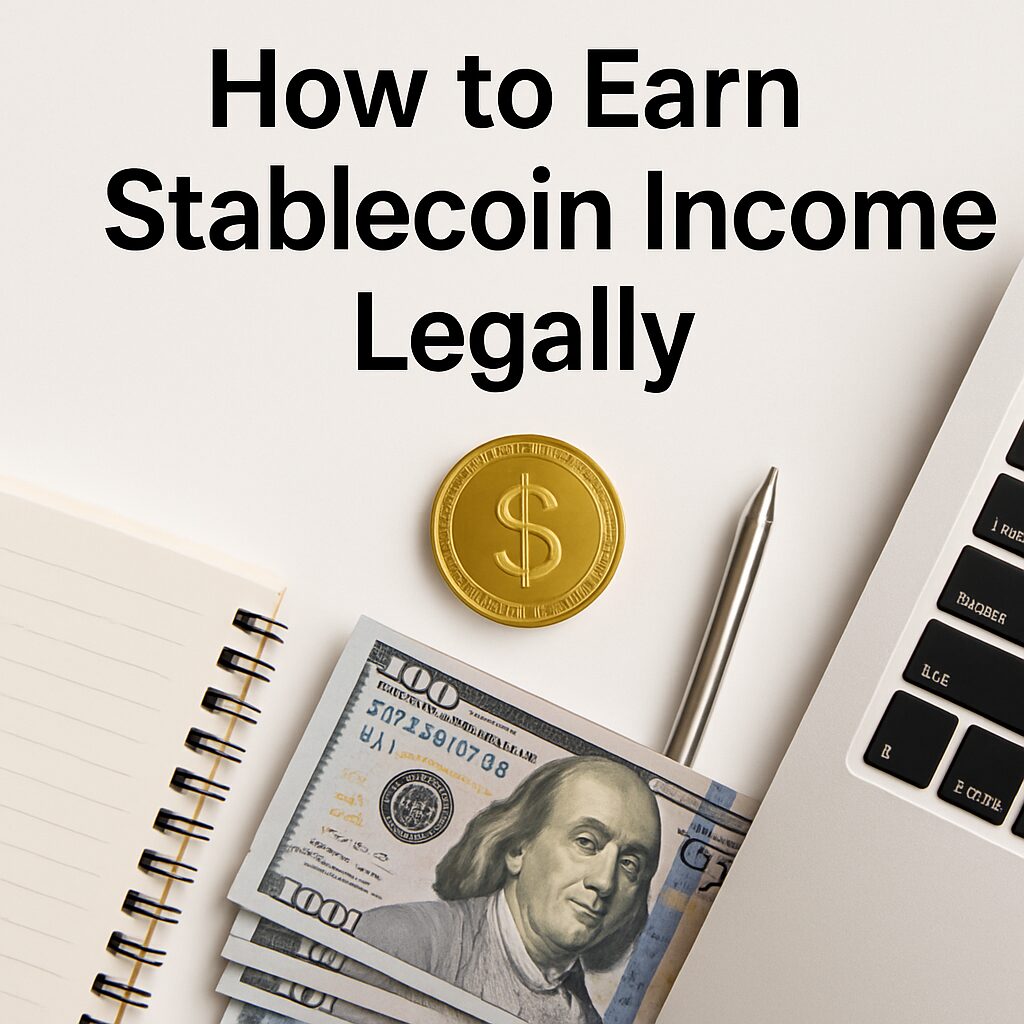 A clean light-themed digital image with the title "How to Earn Stablecoin Income Legally" centered at the top