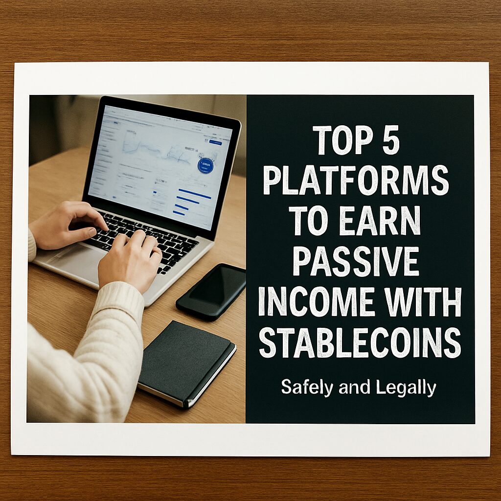 Realistic photo of a printed presentation slide showing a list of stablecoin income platforms and a laptop displaying passive income charts