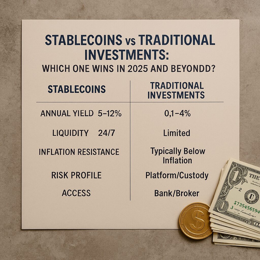 Realistic photo of an infographic comparing stablecoins and traditional investments, showing yield, liquidity, inflation resistance, and risk profile on a textured surface with US currency