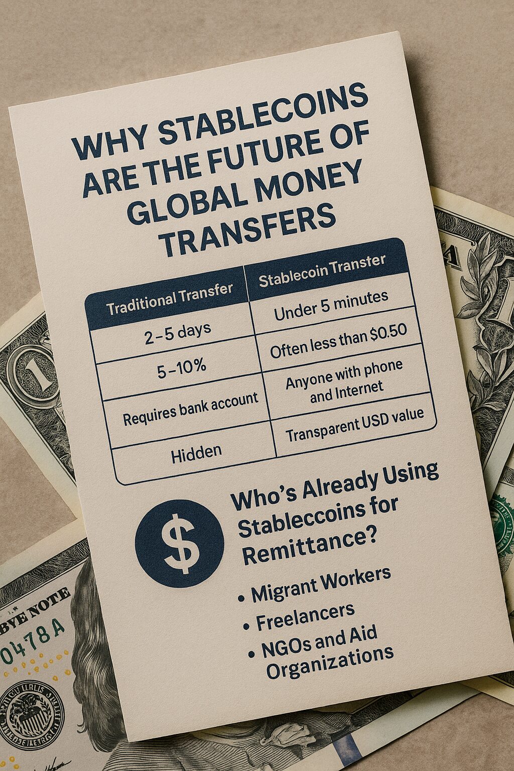Realistic photo of a printed infographic comparing traditional and stablecoin money transfers, showing speed, fees, access, and remittance use cases, placed over US dollar bills